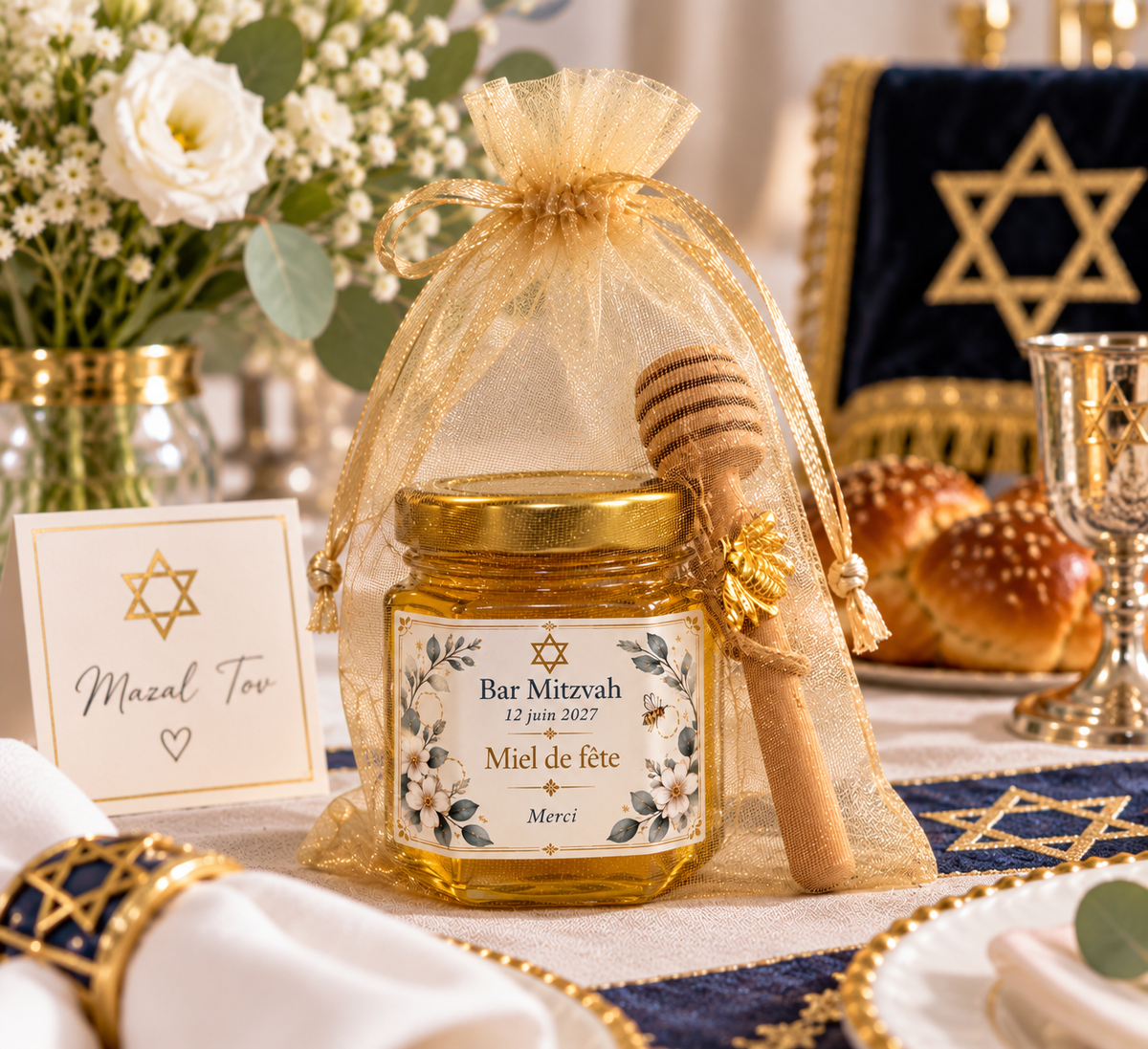 Petit pot de miel personnalisé comme cadeau invité pour une Bar Mitzvah