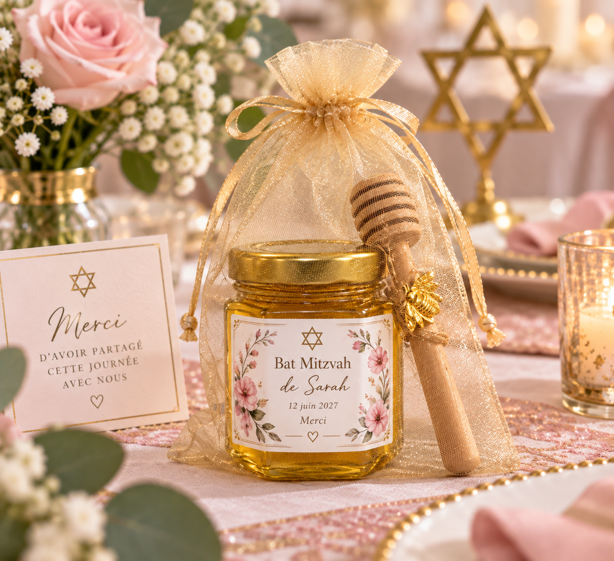 Petit pot de miel personnalisé comme cadeau invité pour une Bat Mitzvah