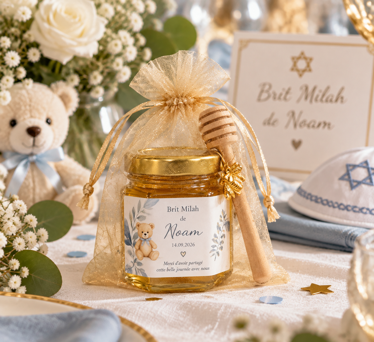 Petit pot de miel hexagonal personnalisé pour cadeau invité Brit Milah avec prénom du bébé et décoration de cérémonie
