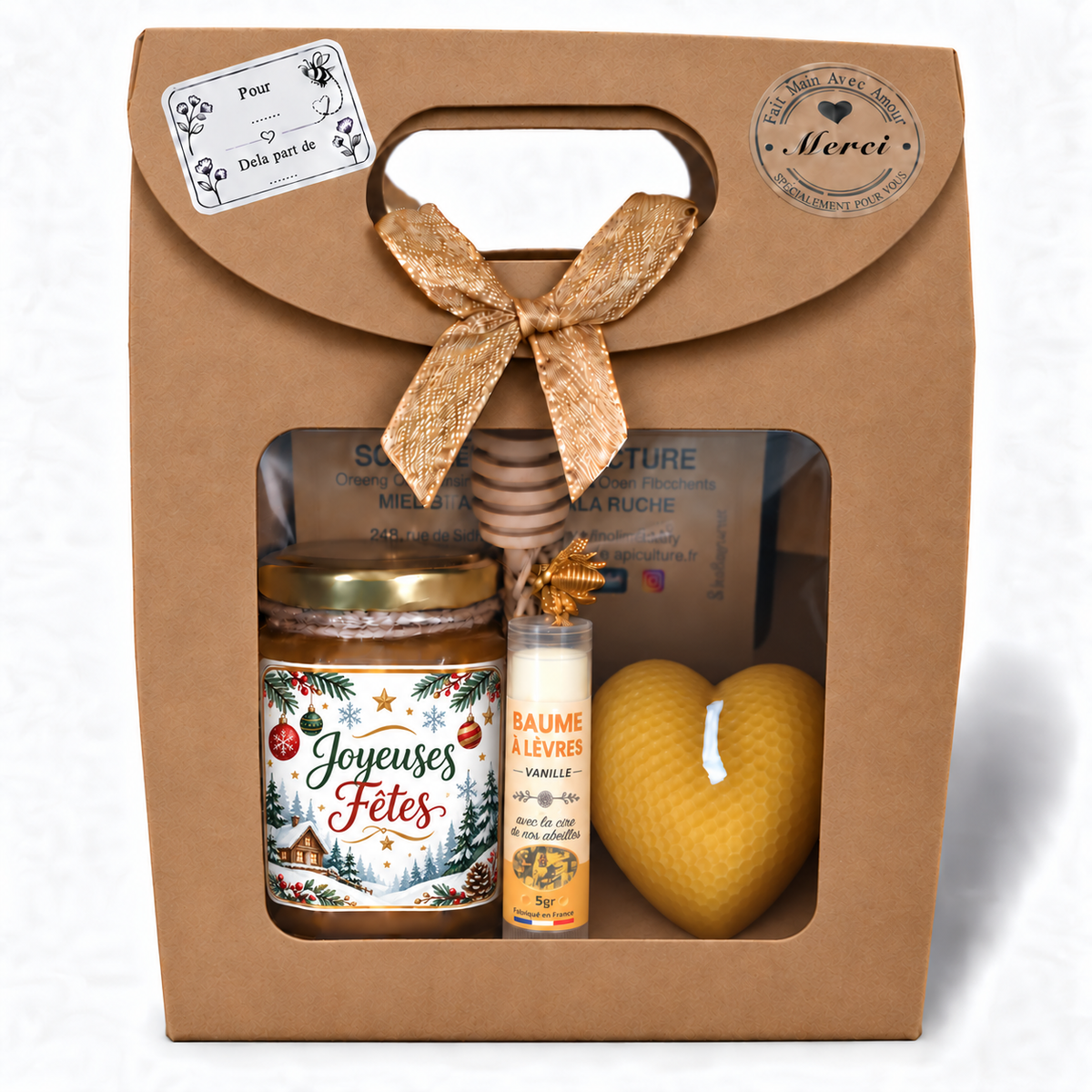 Coffret cadeau de Noël Belles Fêtes avec miel personnalisé, baume à lèvres vanille et bougie cœur artisanale dans coffret kraft
