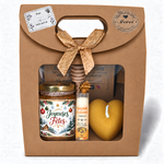 Coffret cadeau de Noël Belles Fêtes avec miel personnalisé, baume à lèvres vanille et bougie cœur artisanale dans coffret kraft