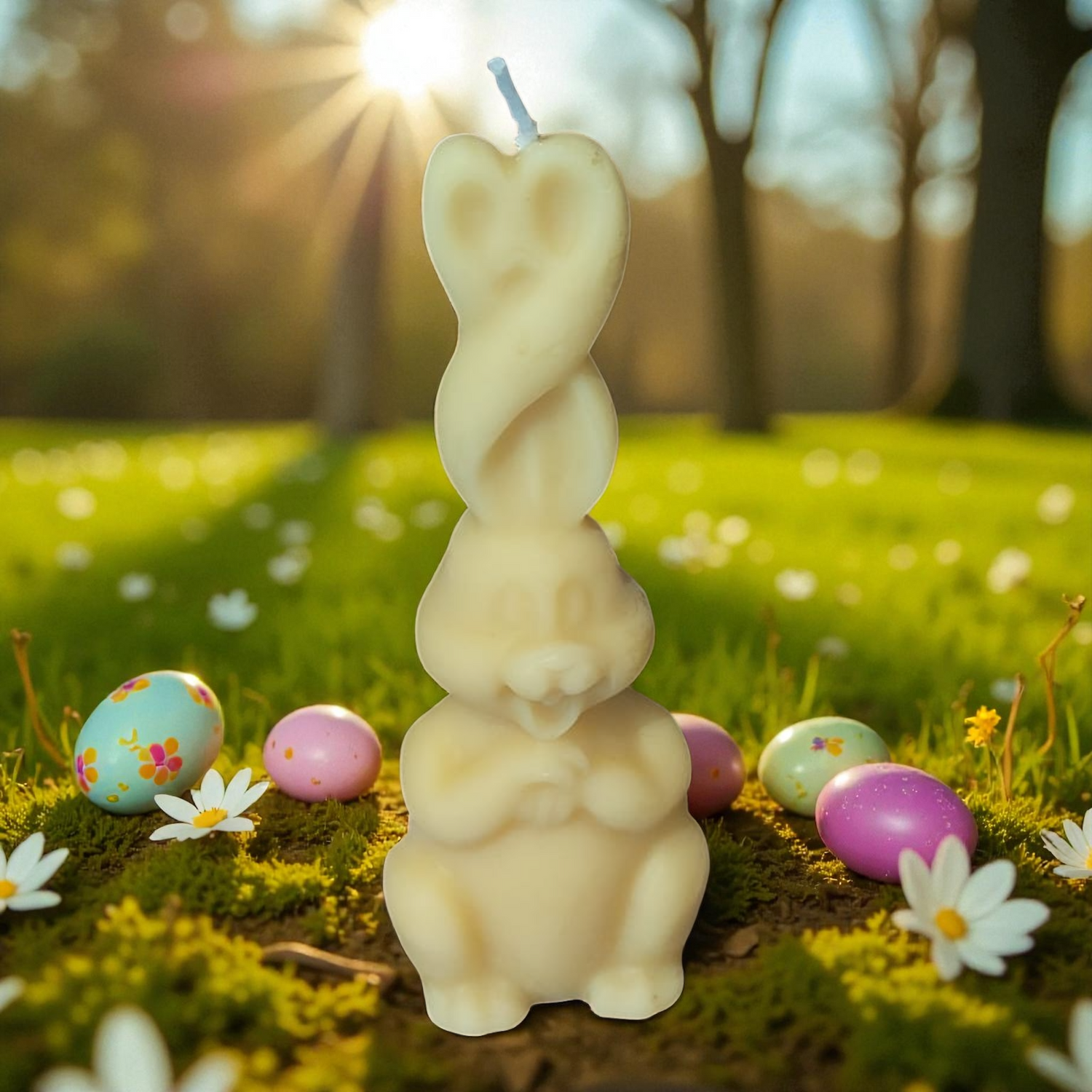 Bougie cire d'abeille Lapin de Pâques aux oreilles entremêlées