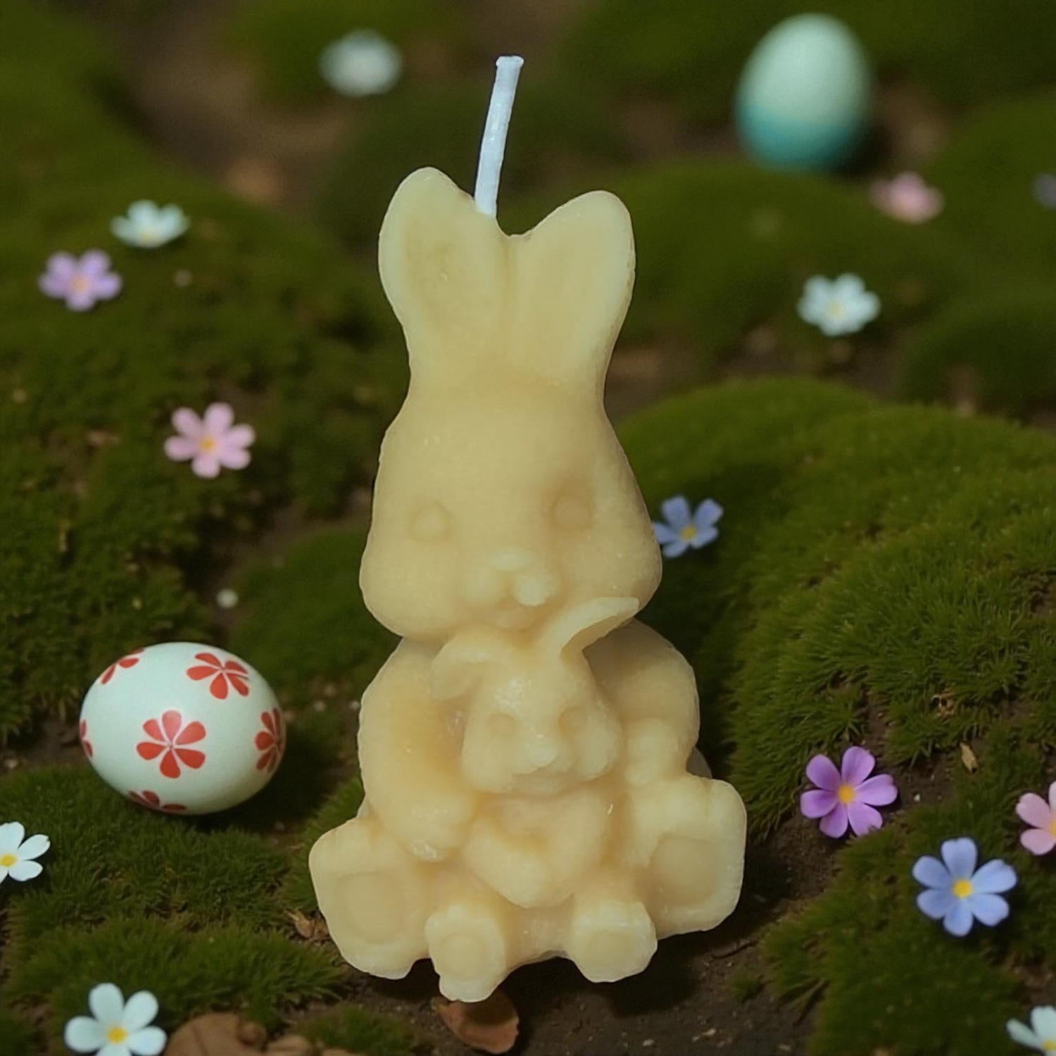 Bougie cire d'abeille lapin de pâques avec son petit