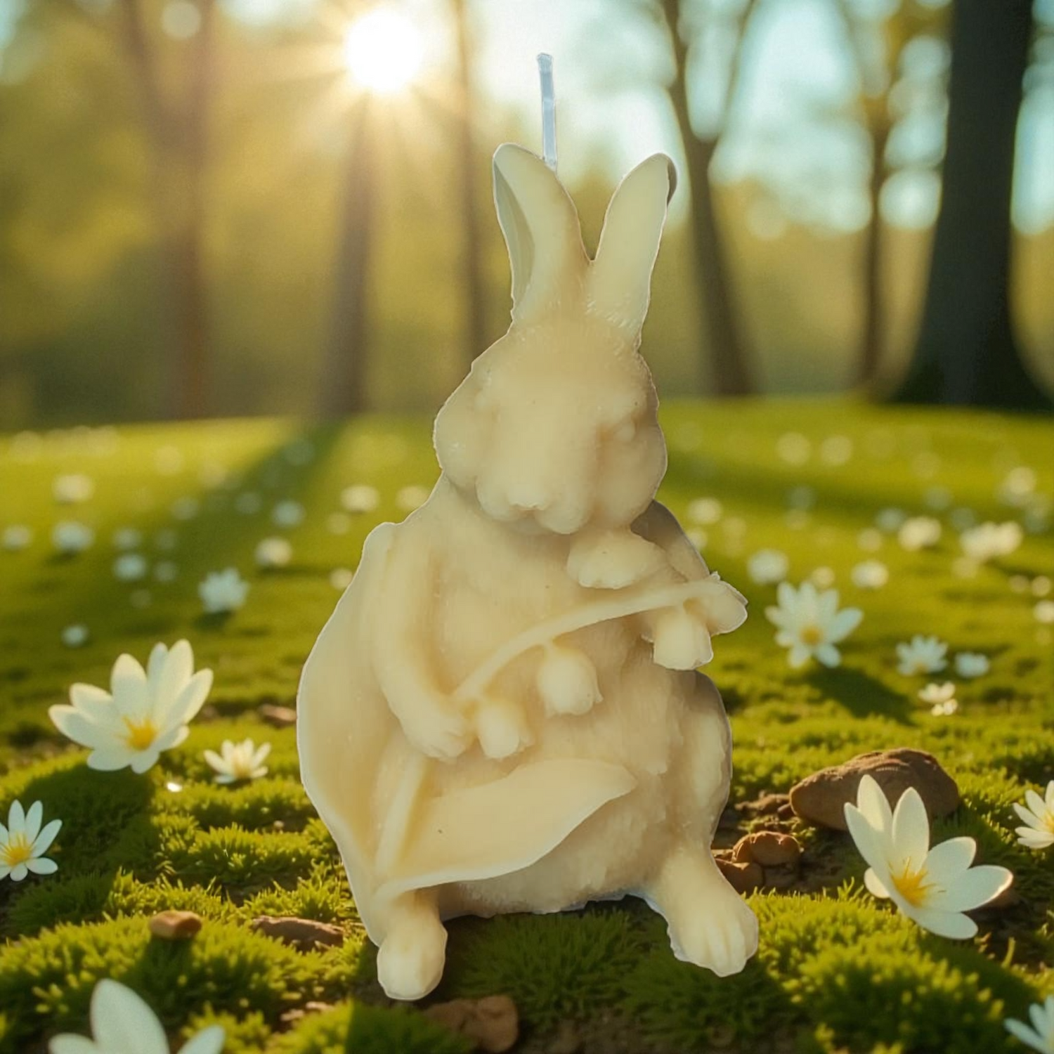 Bougie cire d'abeille lapin de pâques et son brin de muguet