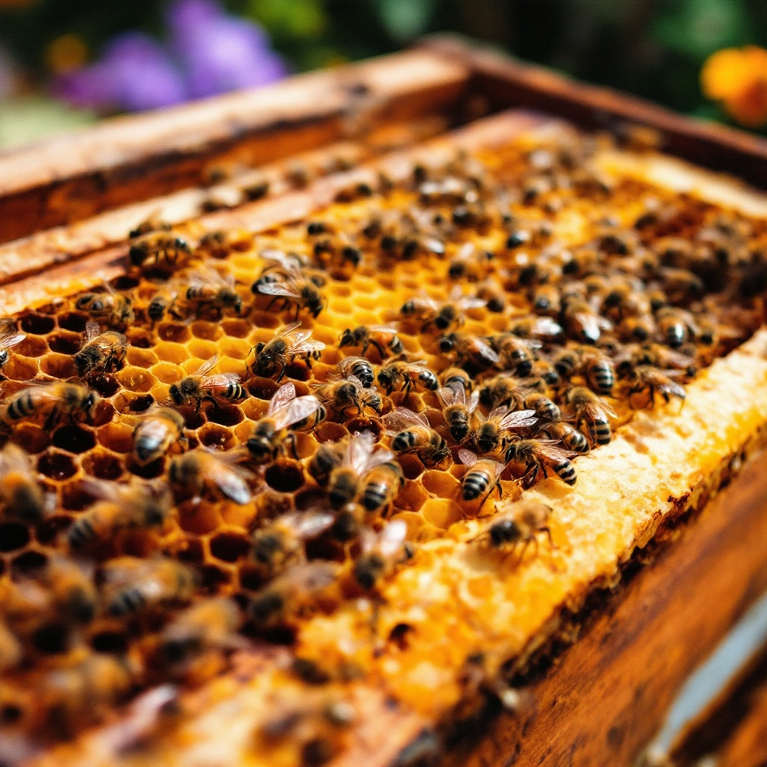 Rayon de ruche en bois rempli de cellules de cire avec de nombreuses abeilles en activité-