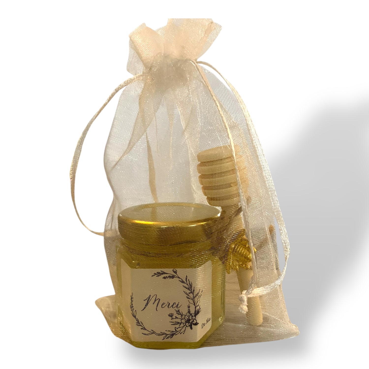 Petit pot de miel personnalisé avec étiquette “Merci”, présenté dans un sachet organza avec cuillère à miel, cadeau original pour collaborateurs, client, CSE