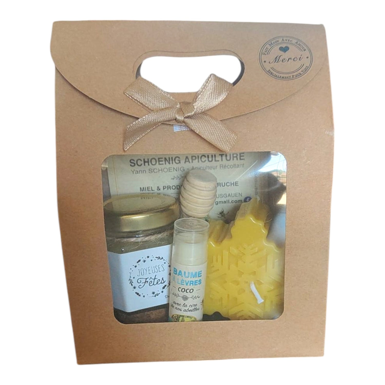 Coffret cadeau de Noël artisanal – Miel, baume à lèvres & bougie