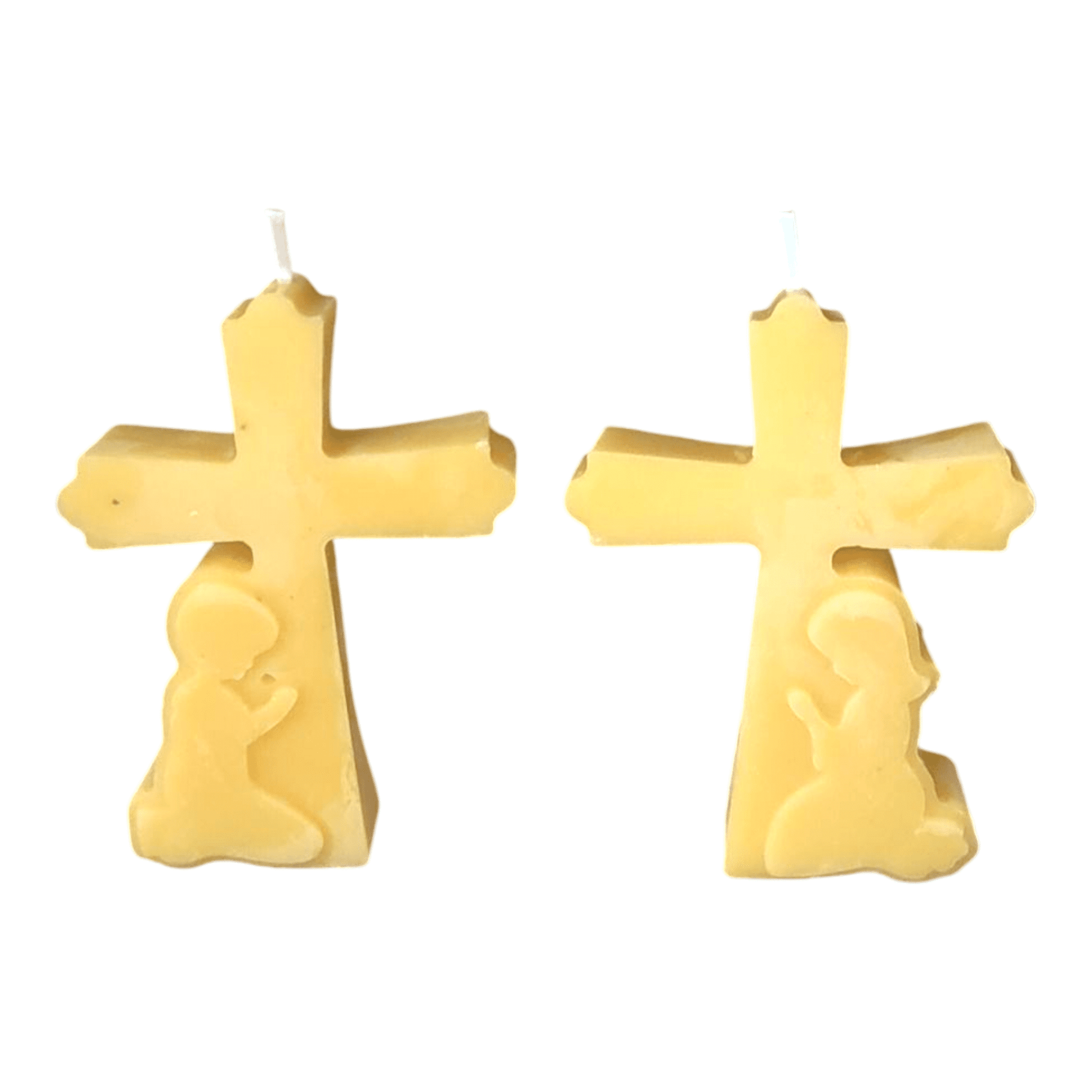 Bougies croix enfant en prière vues de face et dos, idée cadeau baptême personnalisable