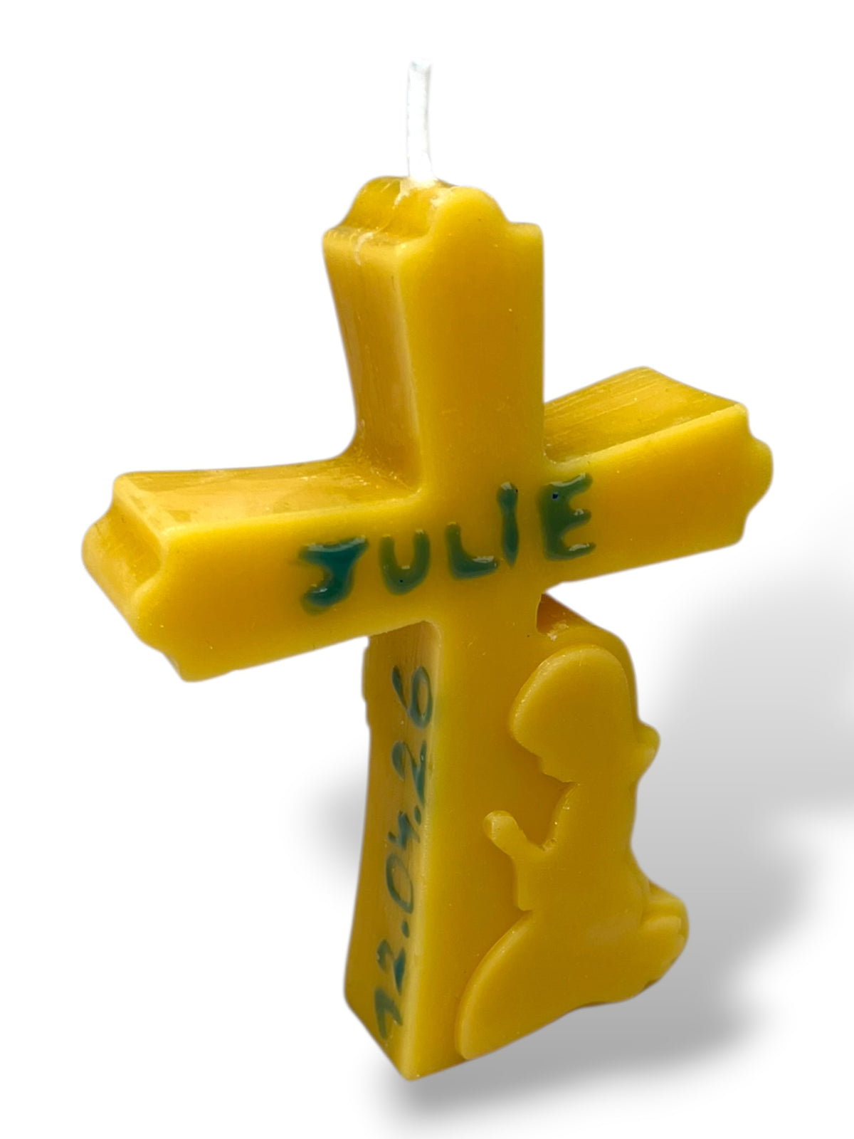 Bougie croix personnalisée avec prénom Julie, cadeau baptême enfant personnalisable