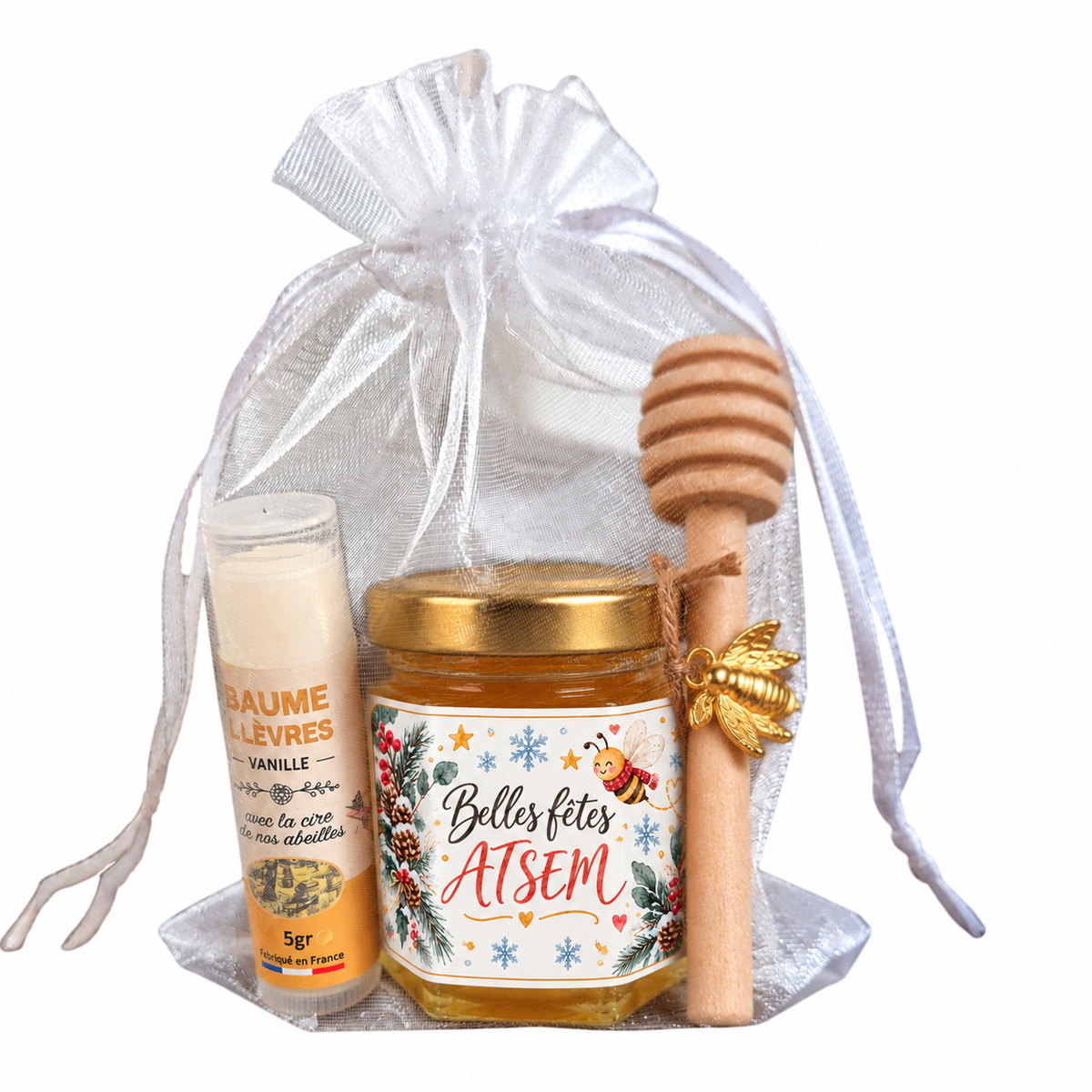 Cadeau ATSEM de fin d’année avec miel artisanal, baume à lèvres vanille et étiquette Belles Fêtes ATSEM