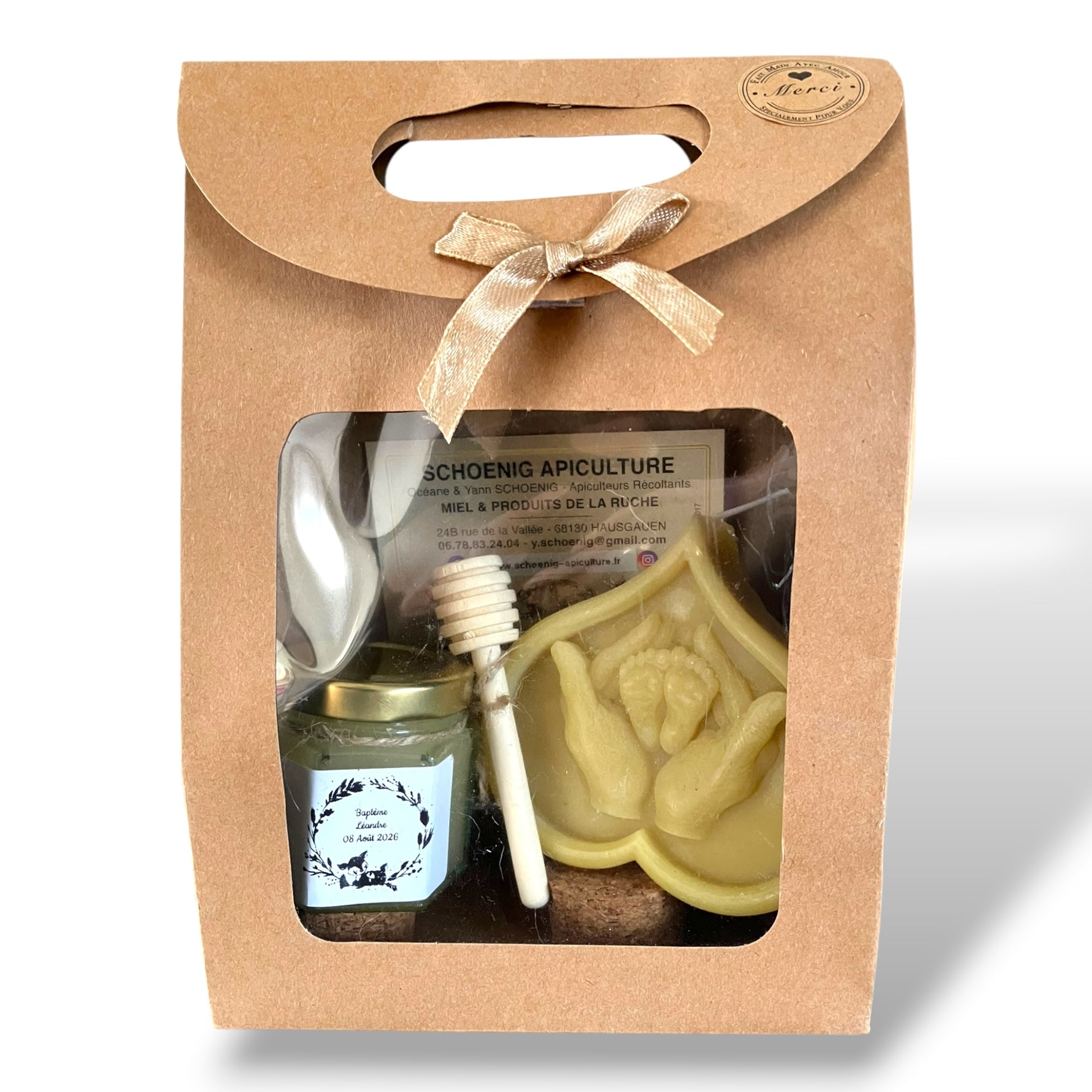 Cadeau baptême bébé avec bougie ange en cire d’abeille et miel personnalisé, idée souvenir délicat pour naissance