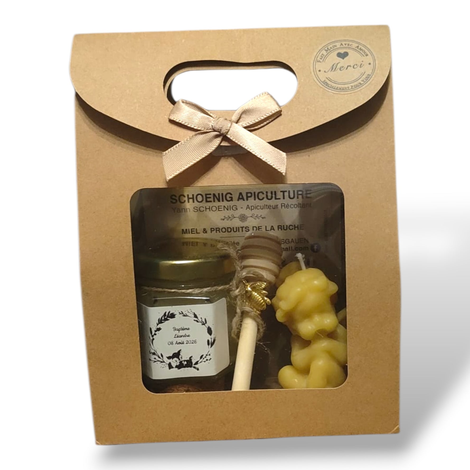 Cadeau baptême bébé avec miel personnalisé et bougie en cire d’abeille, coffret artisanal idéal pour invités naissance