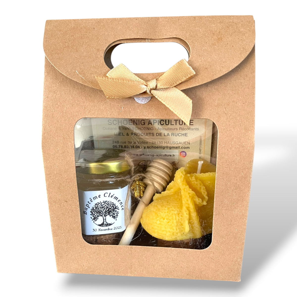 Cadeau baptême avec miel personnalisé et bougie chausson de bébé en cire d’abeille artisanale, coffret naturel pour naissance ou baby shower