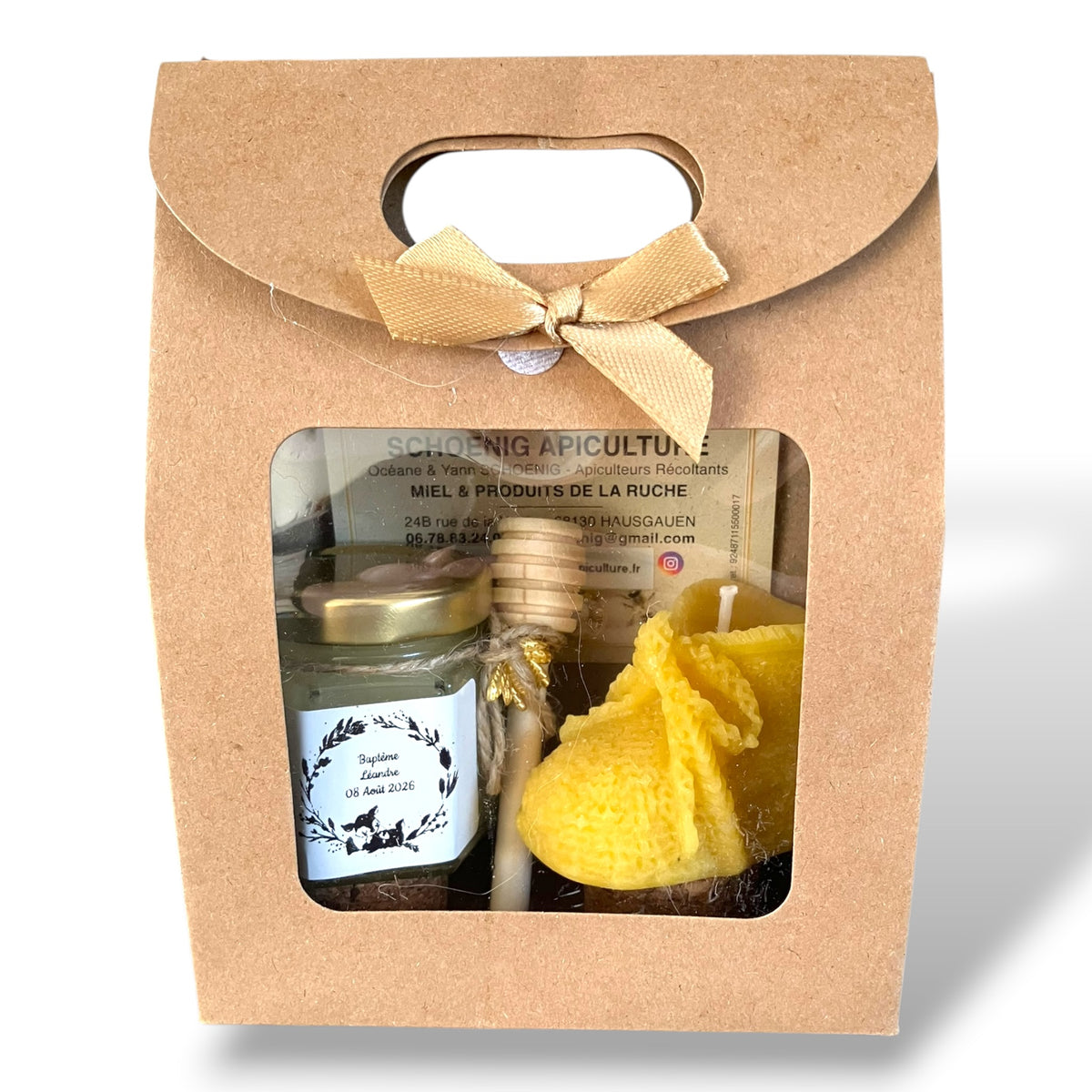 Cadeau baptême avec miel personnalisé et bougie cœur en cire d’abeille artisanale, idée cadeau naturel pour naissance ou baby shower