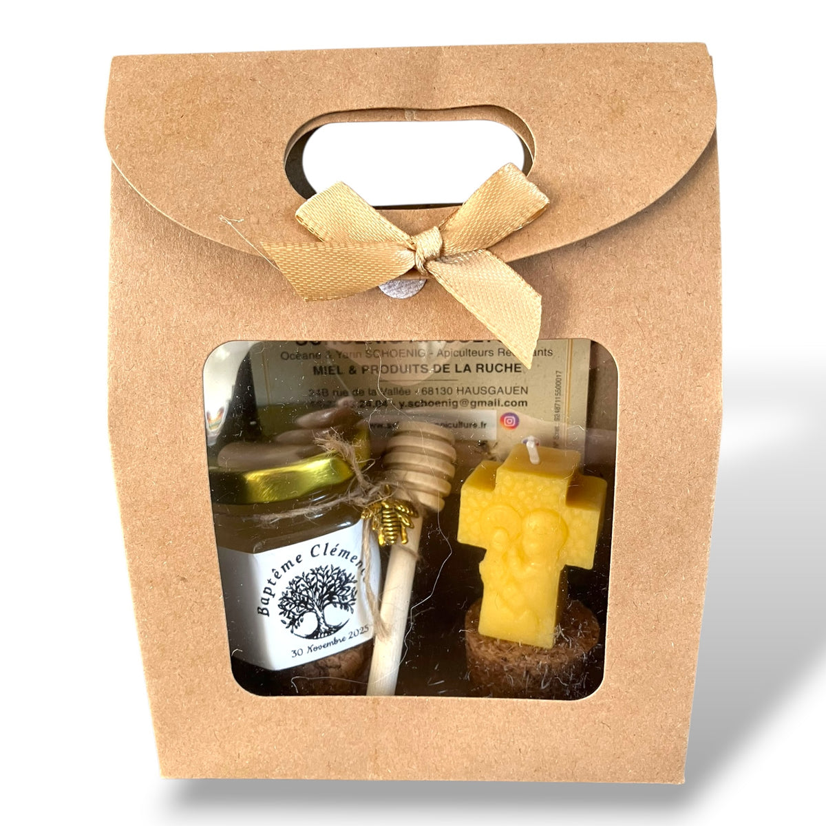 Cadeau baptême religieux avec bougie croix en cire d’abeille et miel personnalisé, souvenir symbolique et naturel