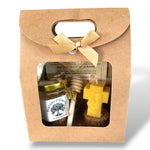 Cadeau baptême religieux avec bougie croix en cire d’abeille et miel personnalisé, souvenir symbolique et naturel