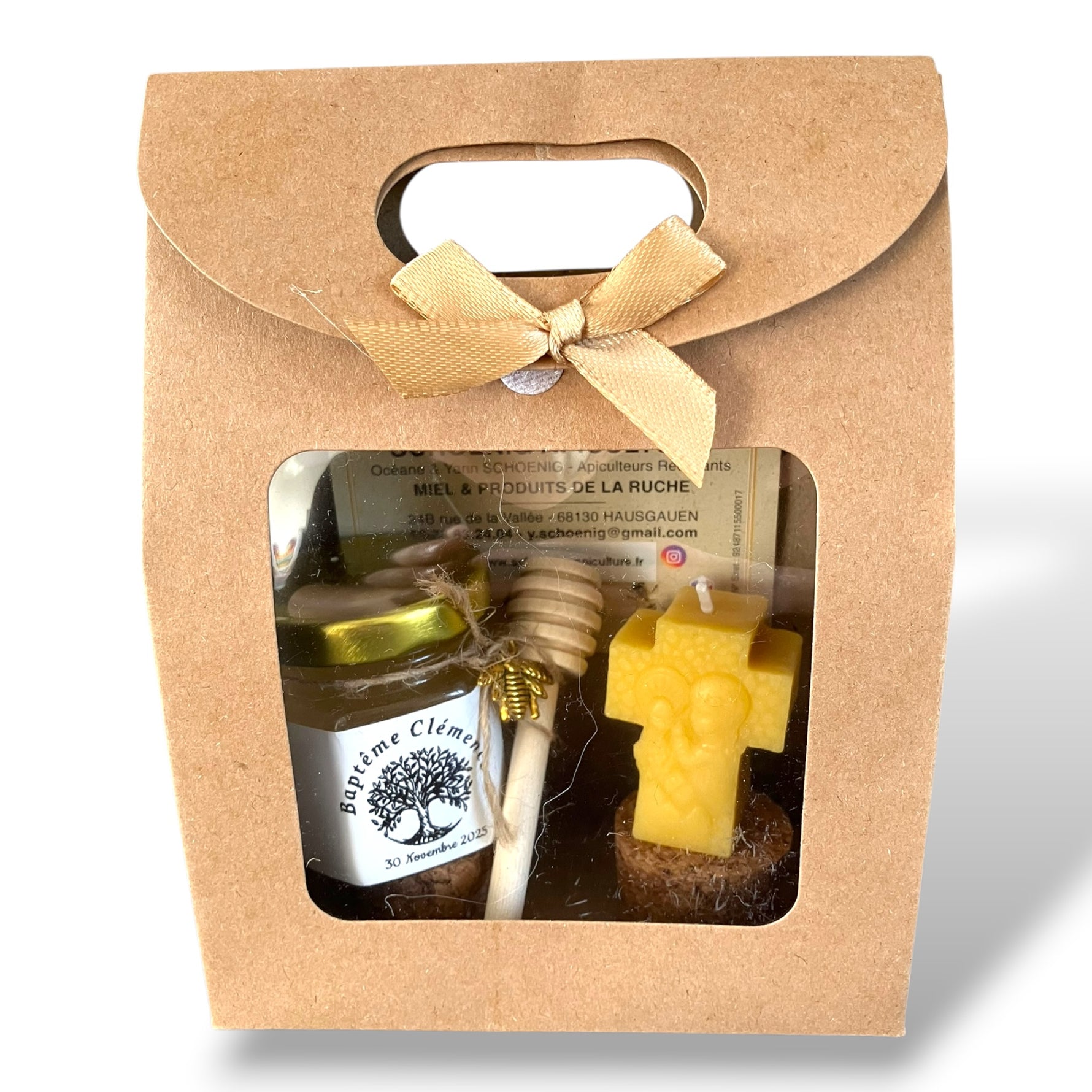 Cadeau baptême religieux avec bougie croix en cire d’abeille et miel personnalisé, souvenir symbolique et naturel