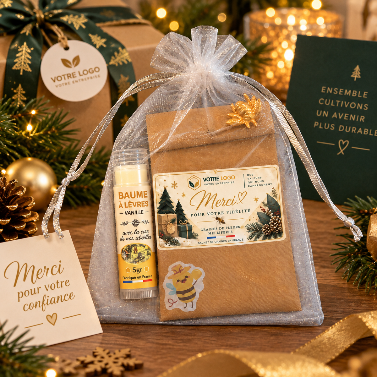 Cadeau client entreprise de fin d’année avec sachet de graines mellifères personnalisé et baume à lèvres vanille