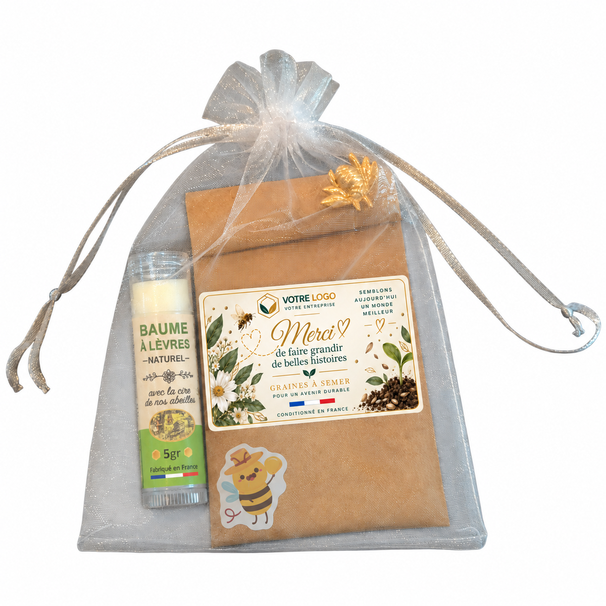 Cadeau client entreprise personnalisé avec sachet de graines à semer et baume à lèvres naturel