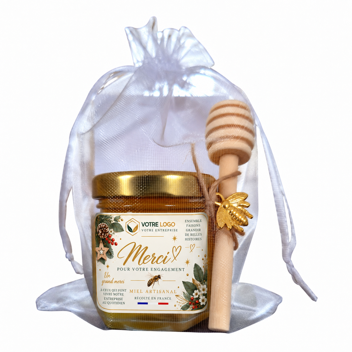 Cadeau client entreprise personnalisé avec pot de miel artisanal, sachet organza et cuillère à miel