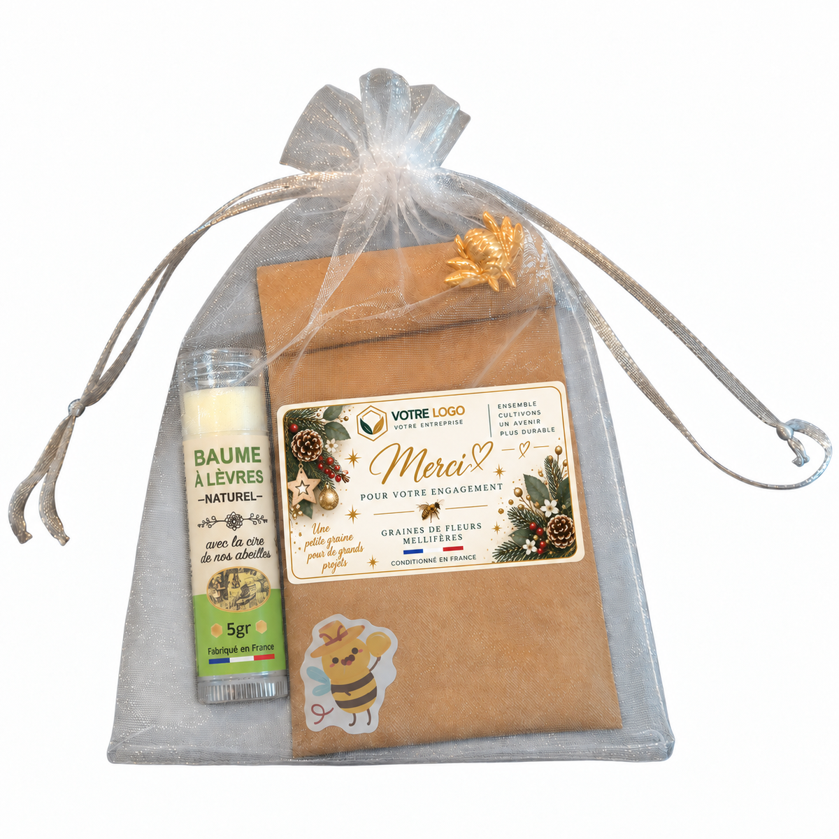 Cadeau client personnalisé entreprise Noël avec sachet de graines de fleurs mellifères et baume à lèvres