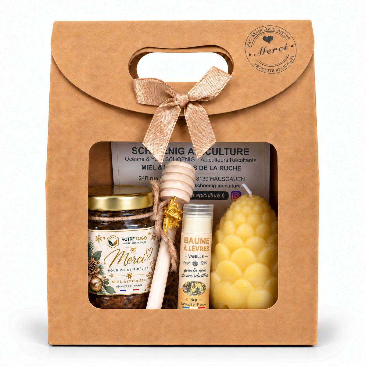 Cadeau client entreprise personnalisé avec miel artisanal français, baume à lèvres naturel et bougie en cire d’abeille