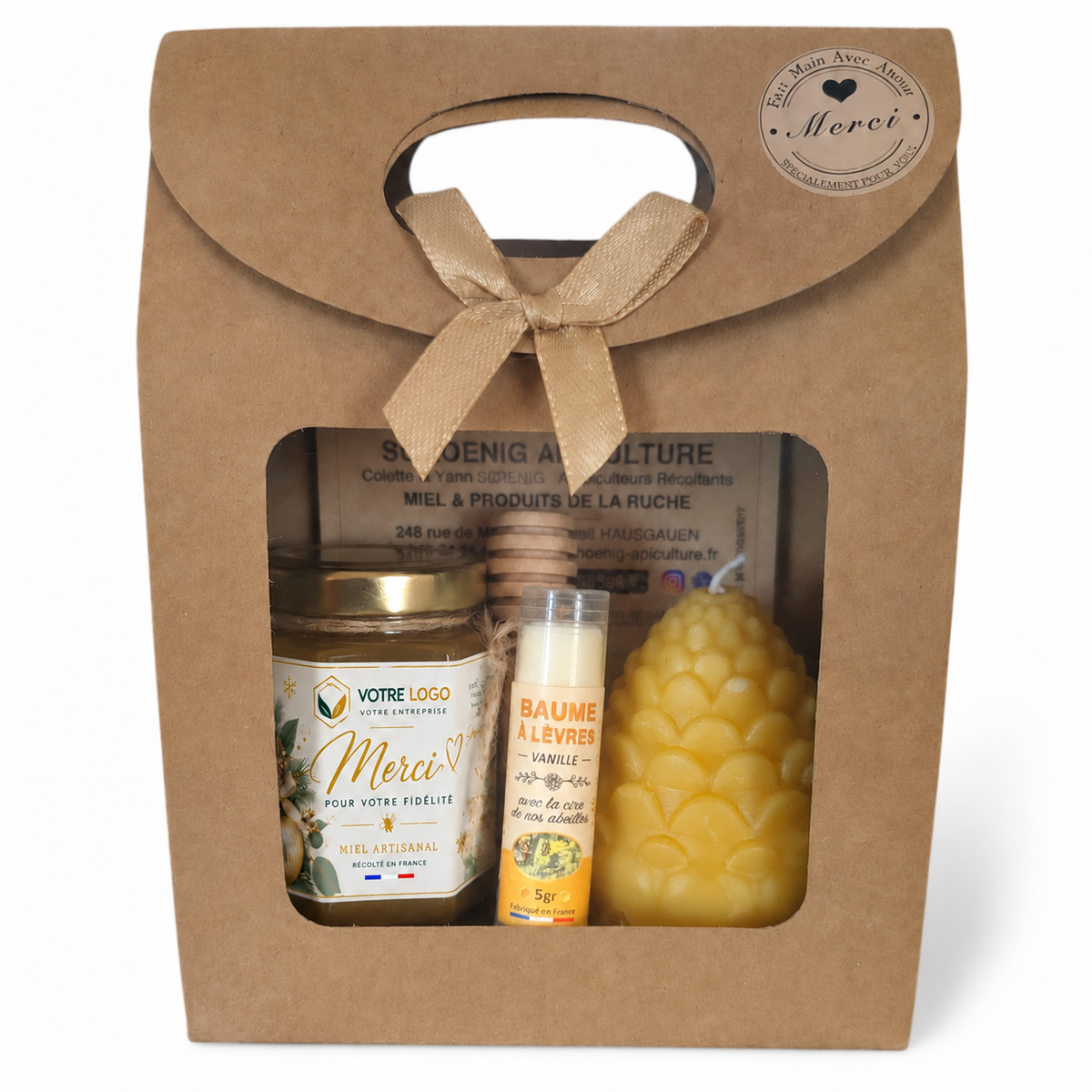 Cadeau client entreprise personnalisé avec miel artisanal français, baume à lèvres naturel et bougie en cire d’abeille