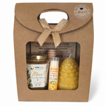 Cadeau client entreprise personnalisé avec miel artisanal français, baume à lèvres naturel et bougie en cire d’abeille