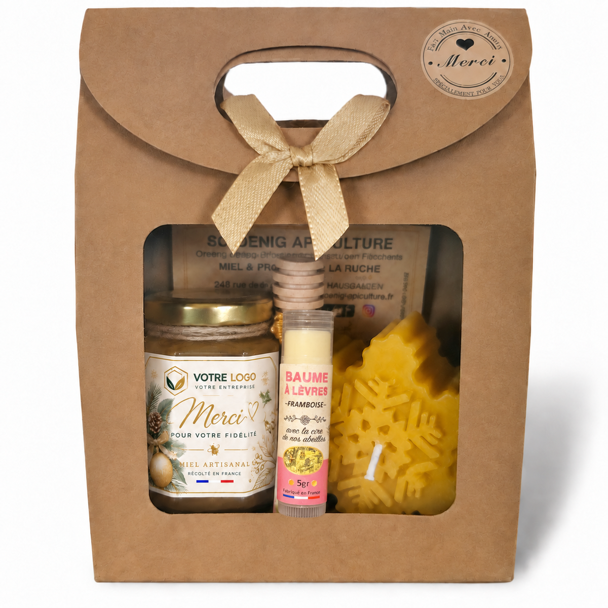 Cadeau client entreprise personnalisé avec miel artisanal français, baume à lèvres naturel à la cire d'abeille et bougie flocon de Noël