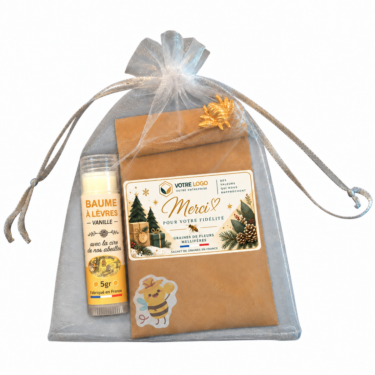 Cadeau client entreprise personnalisé avec sachet de graines de fleurs mellifères et baume à lèvres vanille