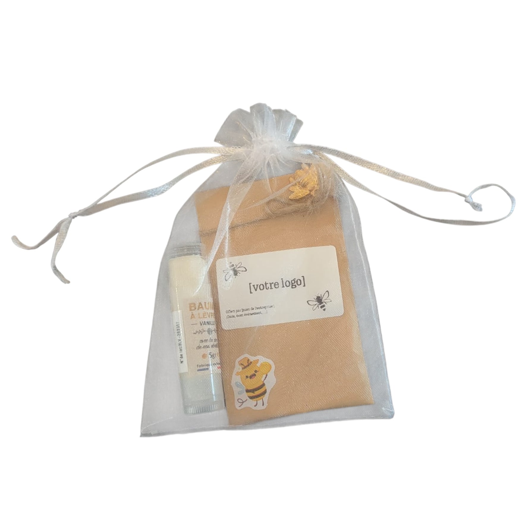 Cadeau client personnalisé entreprise avec sachet de graines de fleurs et baume à lèvres artisanal, étiquette logo entreprise