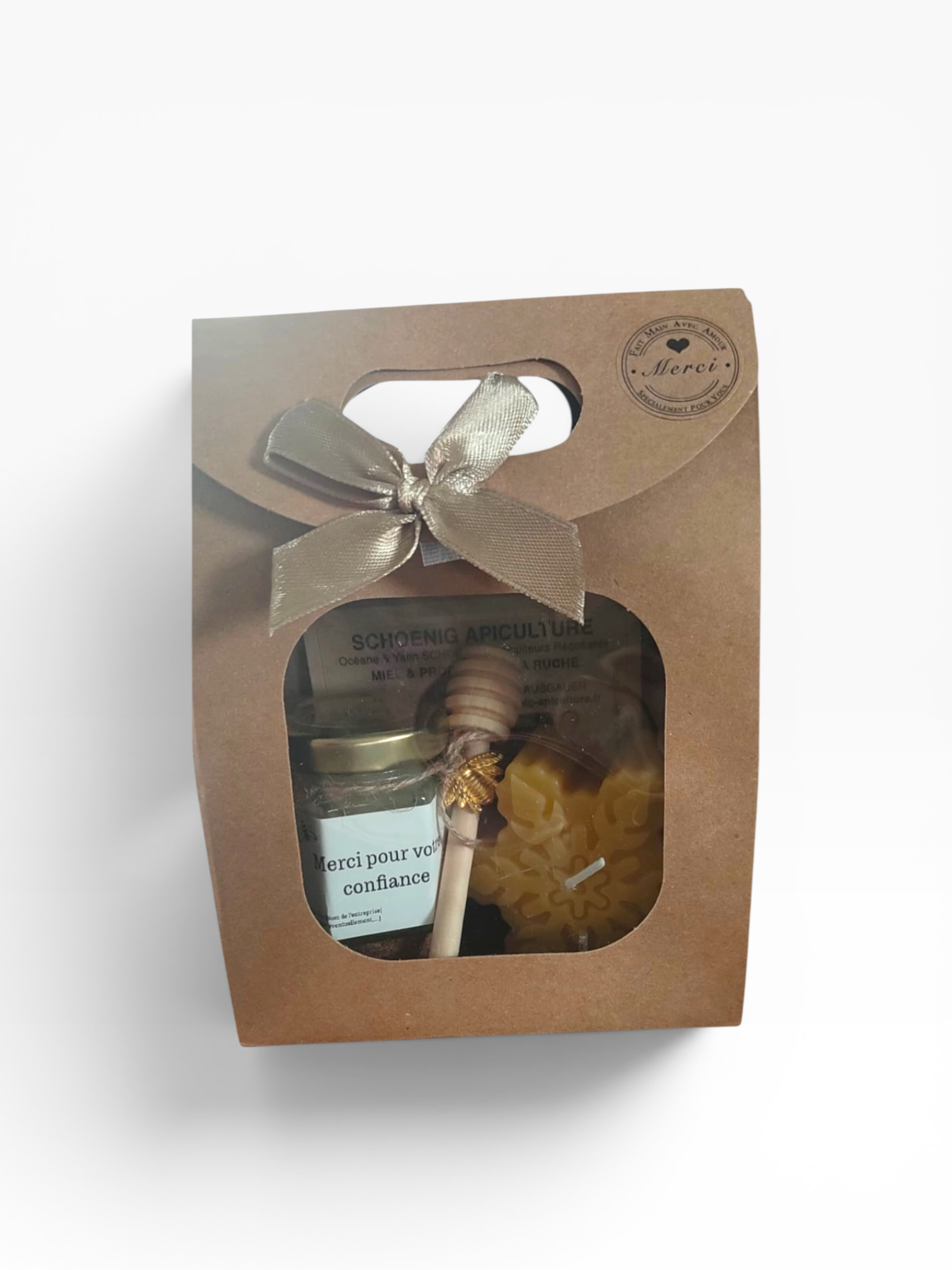 Coffret cadeau client personnalisé avec message Merci pour votre confiance et produits artisanaux de la ruche
