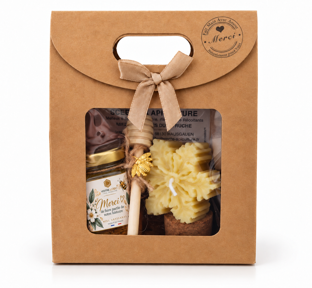 Coffret cadeau collaborateur avec miel personnalisé Merci de faire partie de notre histoire, bougie artisanale et emballage kraft.