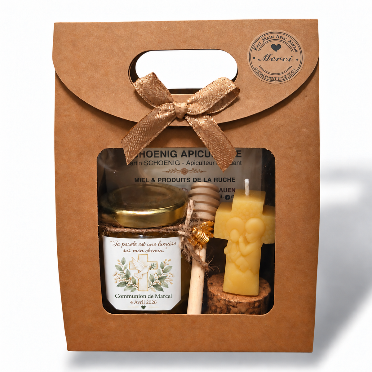 Coffret de communion personnalisé avec pot de miel artisanal, bougie ange, croix et colombe