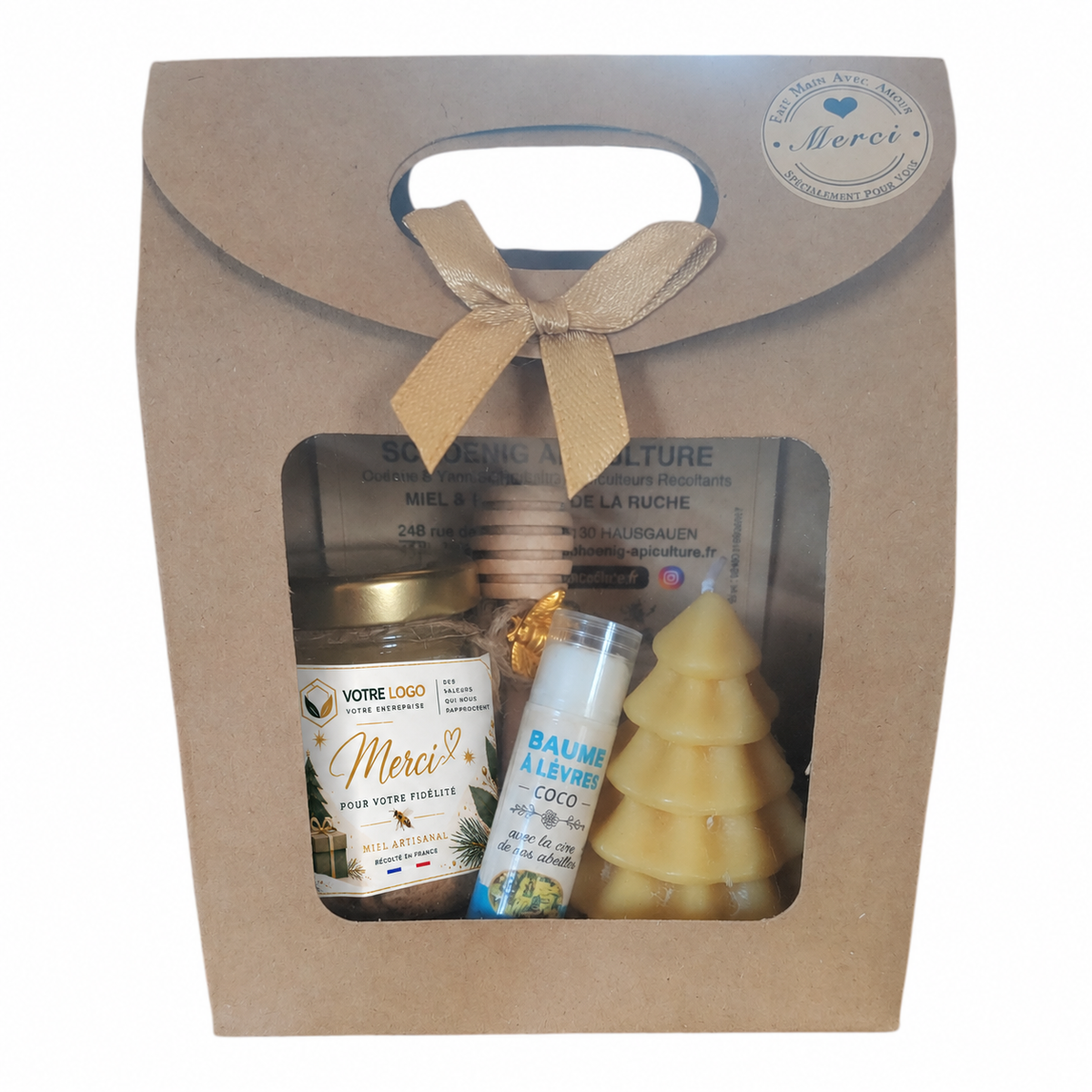 Cadeau d'entreprise personnalisé pour clients avec miel artisanal français, bougie en cire d'abeille et emballage kraft
