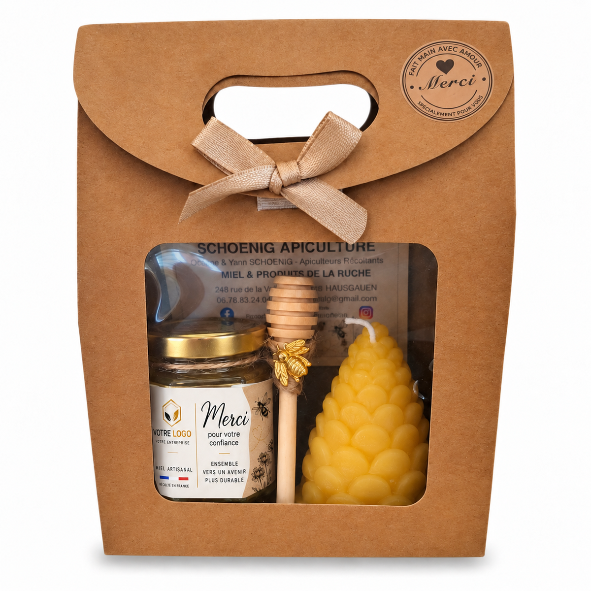 Coffret cadeau entreprise personnalisé avec pot de miel artisanal et bougie en cire d'abeille