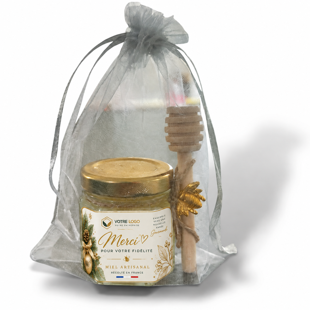Pot de miel artisanal personnalisé pour cadeau client entreprise CSE avec étiquette personnalisée et cuillère à miel