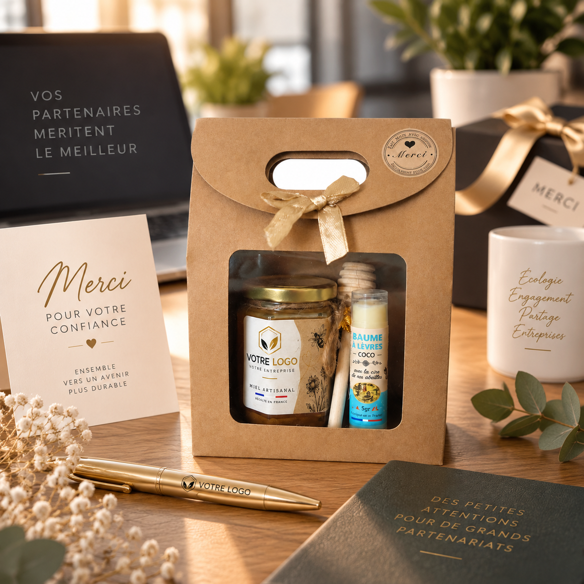 Coffret miel personnalisé pour entreprise, cadeau client CSE avec baume à lèvres artisanal fabriqué en France