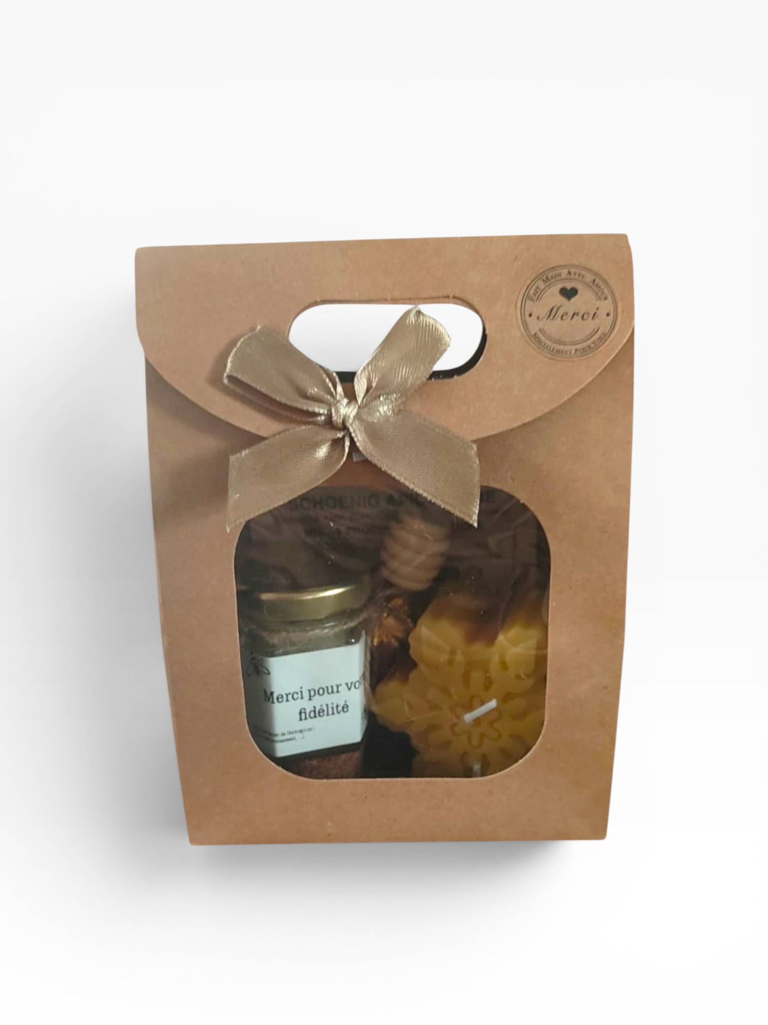 Cadeau entreprise personnalisé avec étiquette Merci pour votre fidélité, miel artisanal et bougie de Noël
