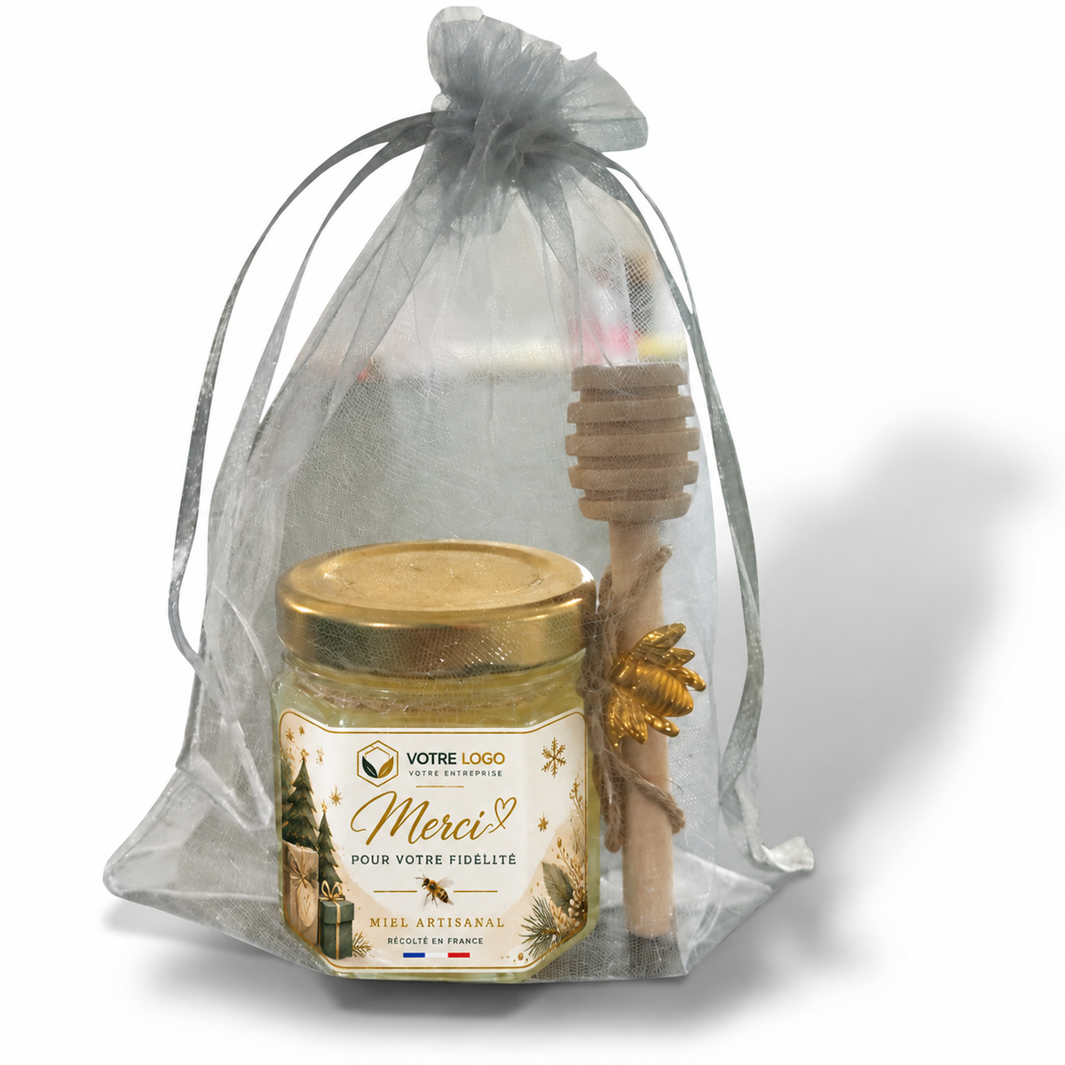 Pot de miel artisanal personnalisé pour cadeau entreprise CSE, cadeau client et remerciement professionnel de fin d'année