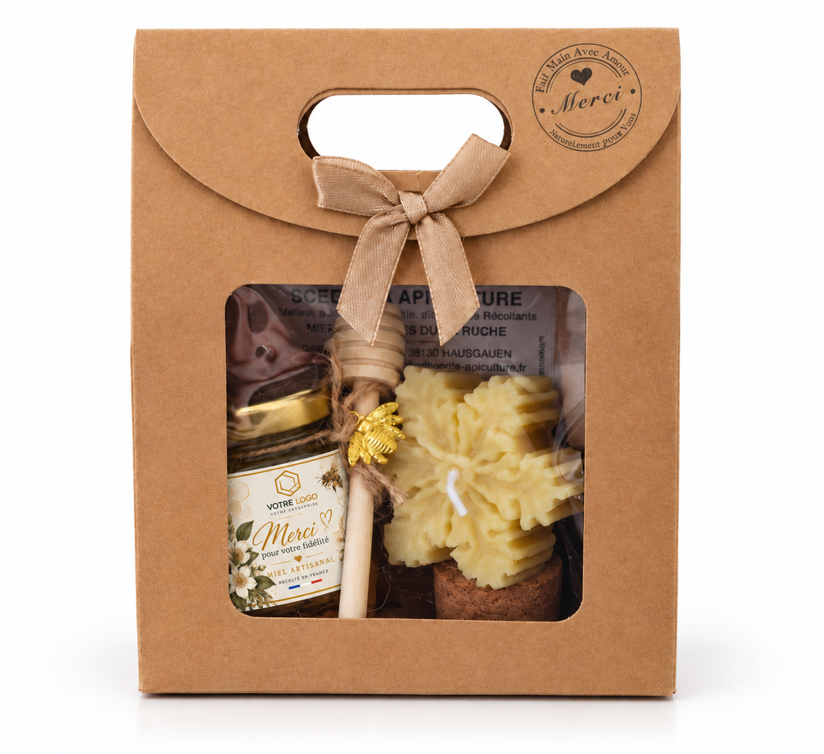 Coffret cadeau de fin d'année pour entreprise avec pot de miel personnalisé Merci pour votre fidélité, bougie flocon et emballage kraft.