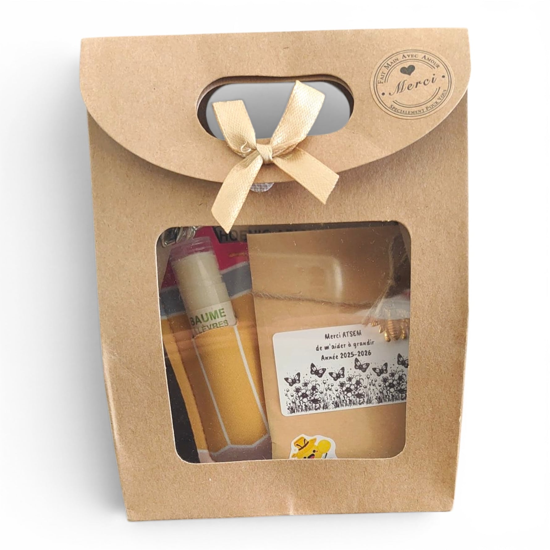Cadeau fin d’année ATSEM avec baume à lèvres artisanal, étui porte-clé et sachet de graines mellifères