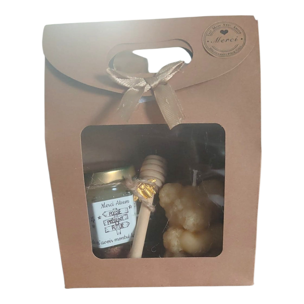 Cadeau fin d’année ATSEM avec miel artisanal et bougie ourson cœur en cire d’abeille