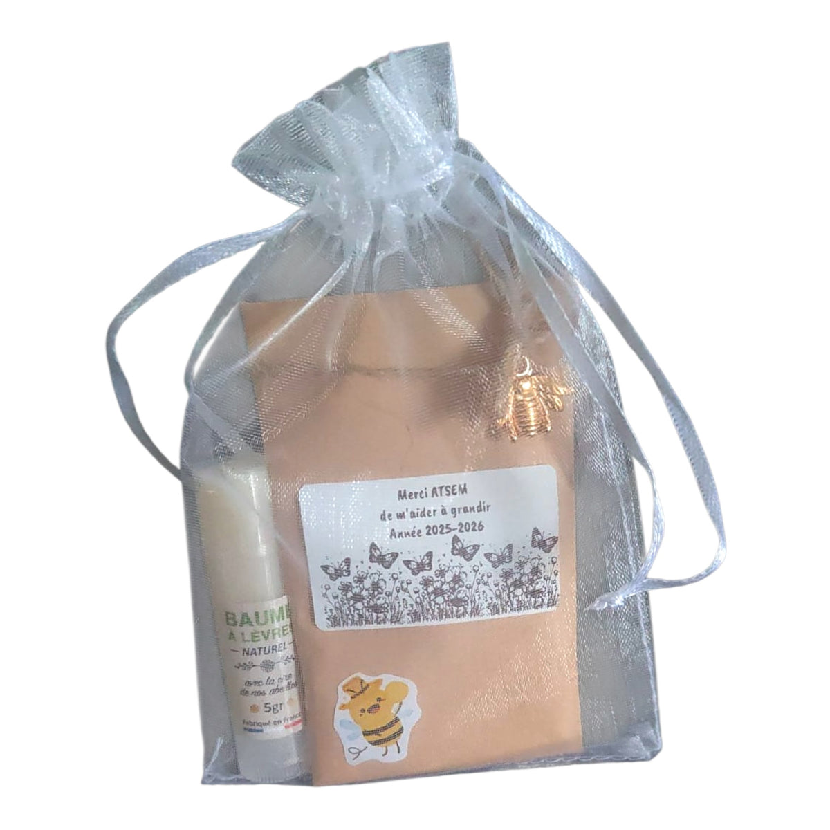 Cadeau fin d’année ATSEM avec sachet de graines de fleurs pour pollinisateurs et baume à lèvres artisanal