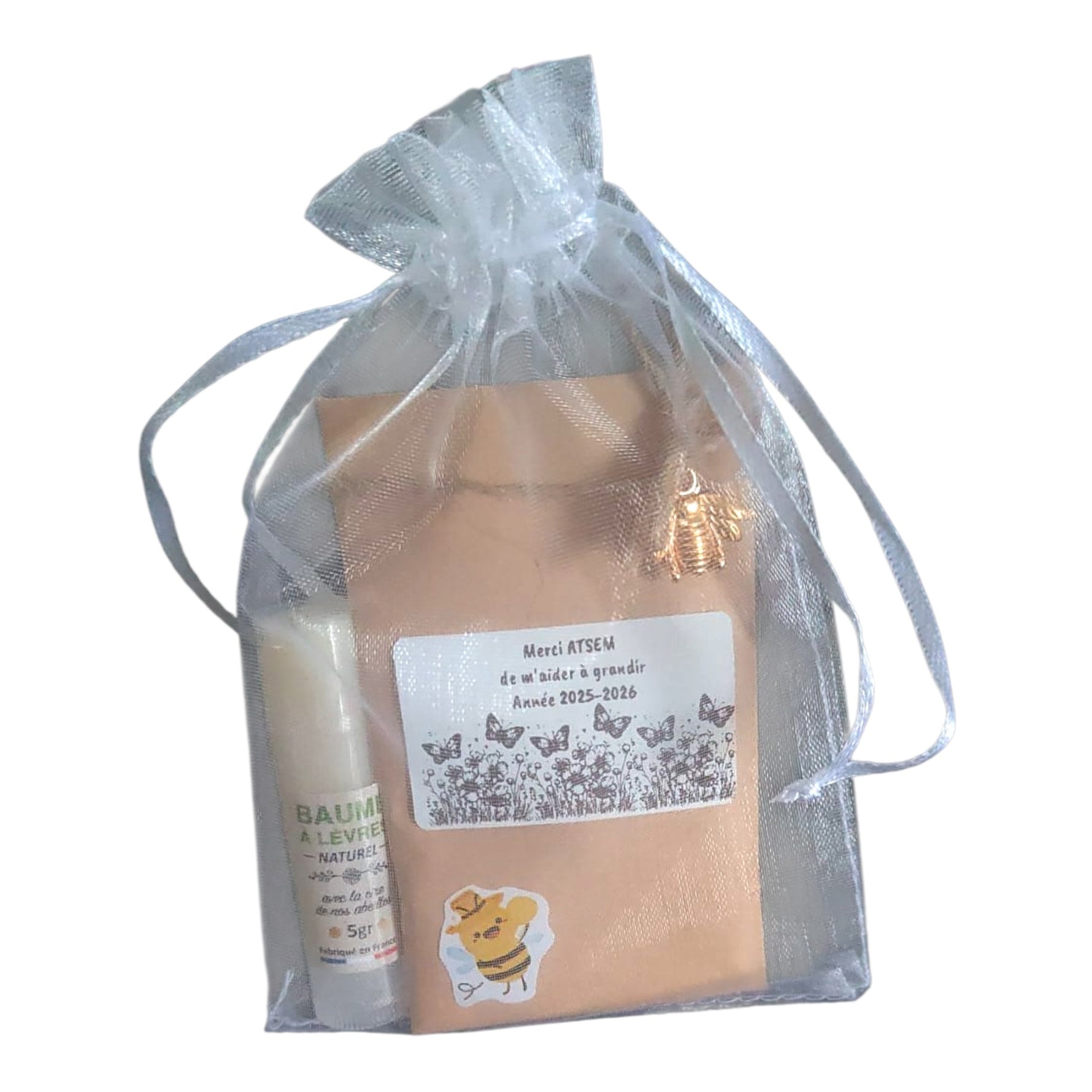 Cadeau fin d’année ATSEM avec sachet de graines de fleurs pour pollinisateurs et baume à lèvres artisanal