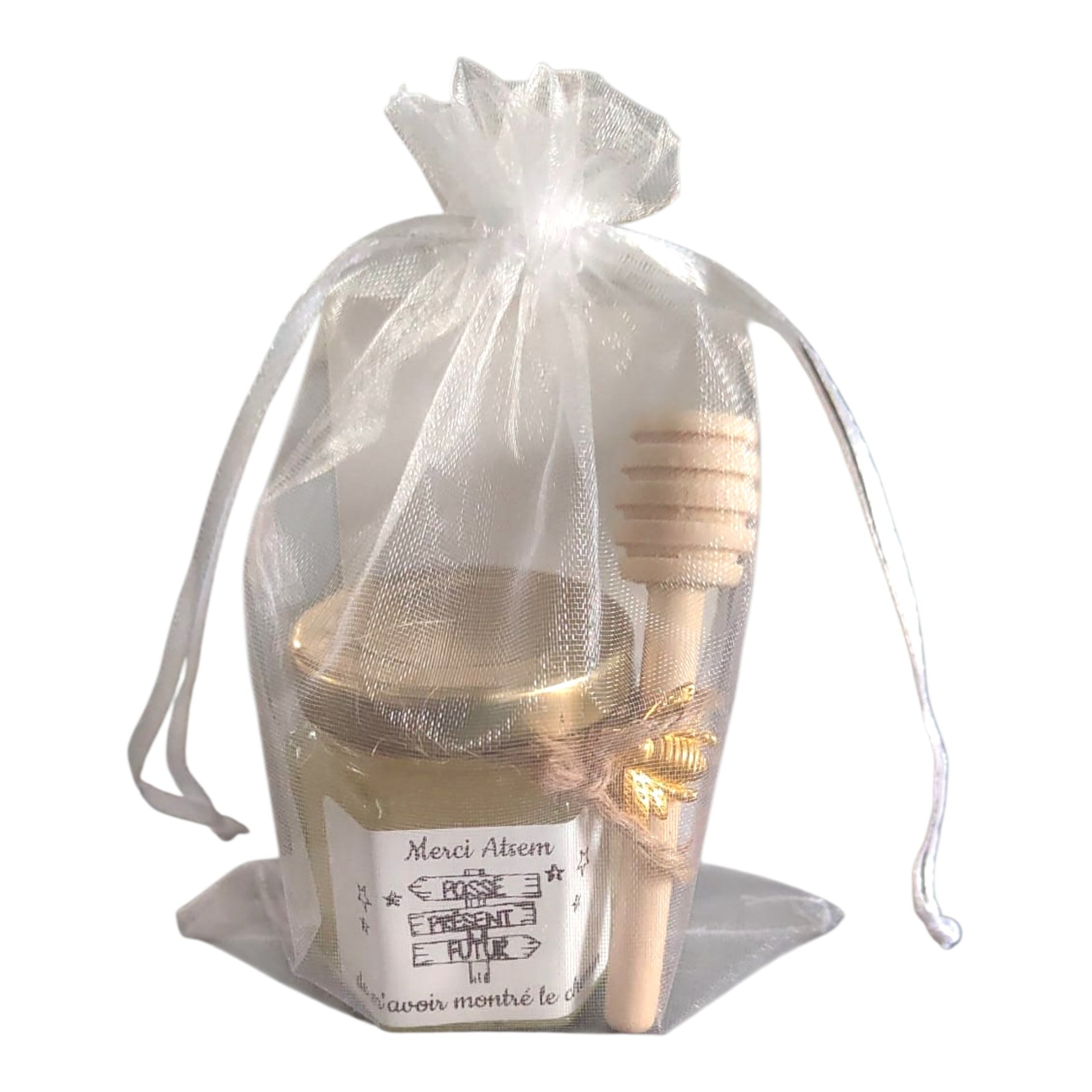 Cadeau fin d’année ATSEM avec petit pot de miel artisanal et cuillère à miel en bois