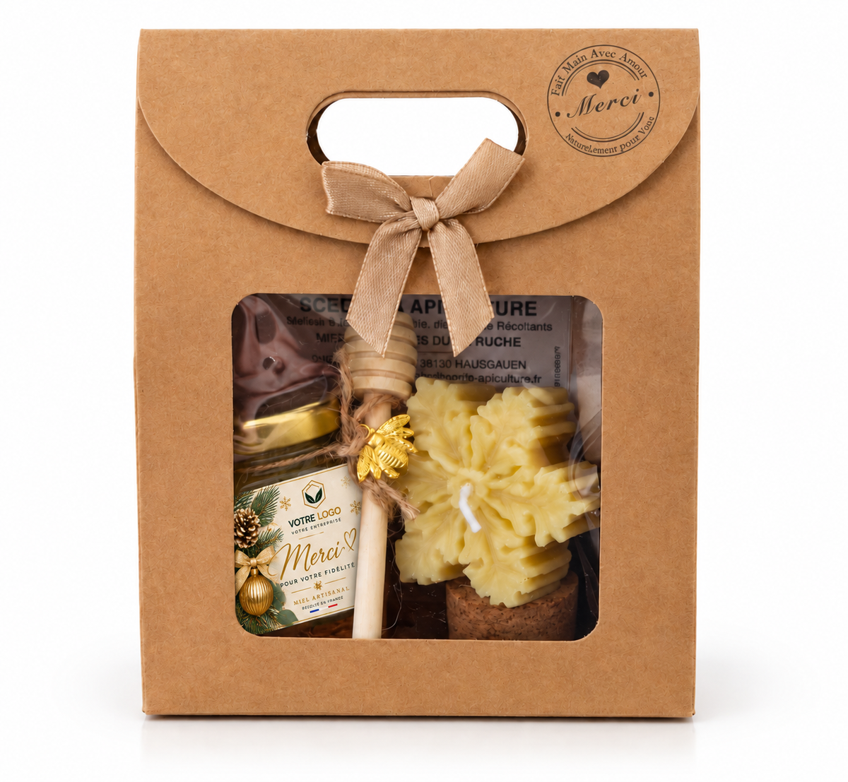 Coffret de miel artisanal personnalisé pour remercier un client fidèle, avec étiquette florale, bougie artisanale et coffret cadeau kraft.