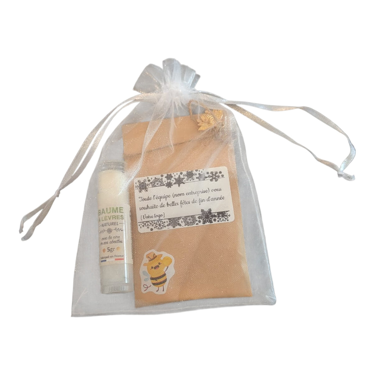 Cadeau de fin d’année entreprise avec sachet de graines mellifères personnalisé et baume à lèvres artisanal
