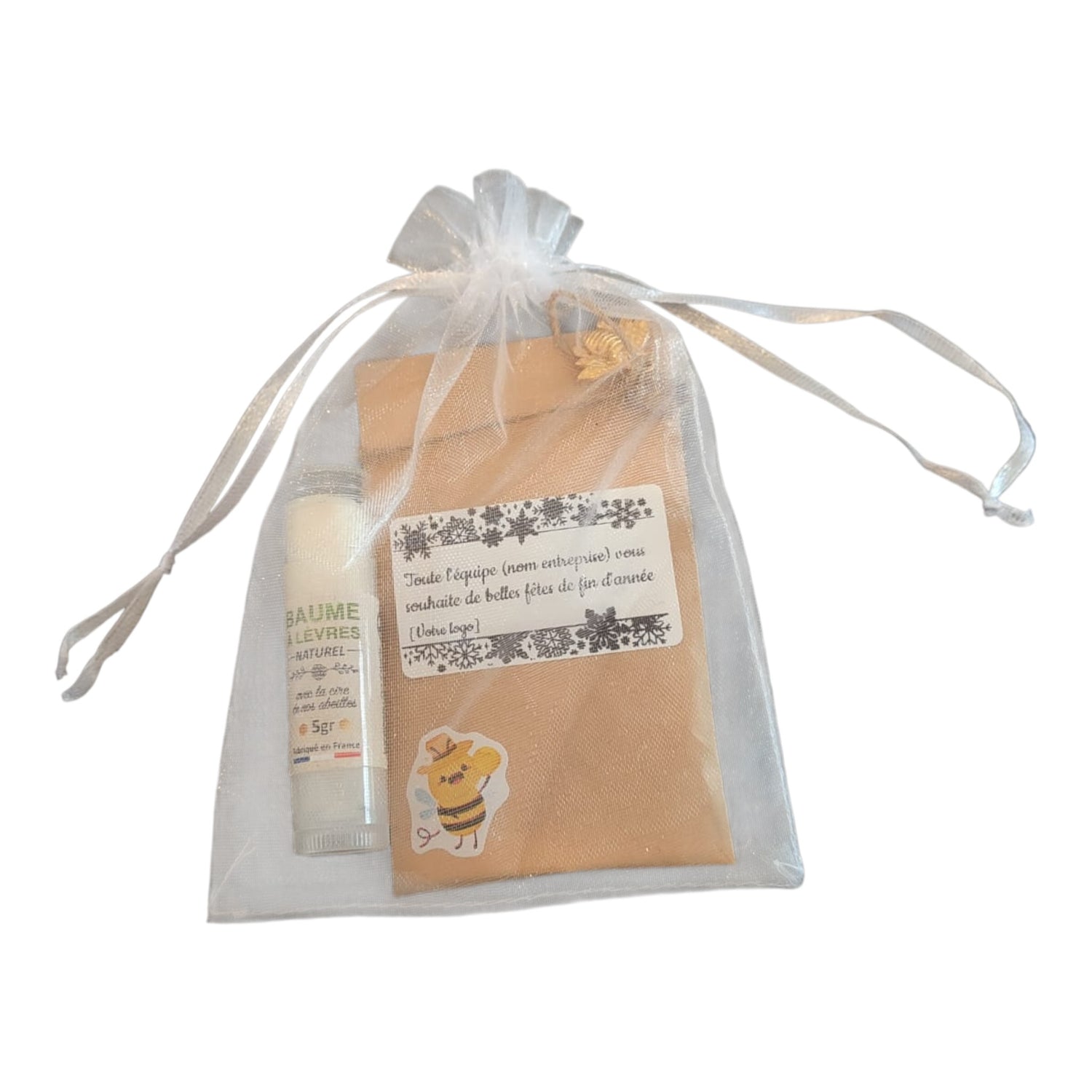 Cadeau de fin d’année entreprise avec sachet de graines mellifères personnalisé et baume à lèvres artisanal