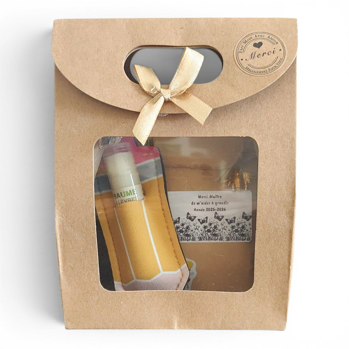 Cadeau fin d’année maître avec baume à lèvres artisanal, étui porte-clé et sachet de graines mellifères
